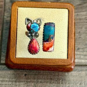 Spirit Cat Turquoise & Spiny Oyster Sterling Silver Bypass Ring Handcrafted New